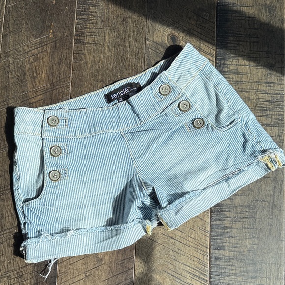 Kensie Pants - Kensie Light Blue Pinstripe Cuffed Button-Front Shorts